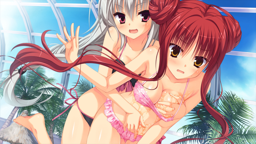 2girls bikini blush breast_grab dracu-riot! elina_olegovna_owen embarrassed game_cg gray_hair kobuichi long_hair multiple_girls muririn pool red_hair swimsuit yarai_miu yuzusoft