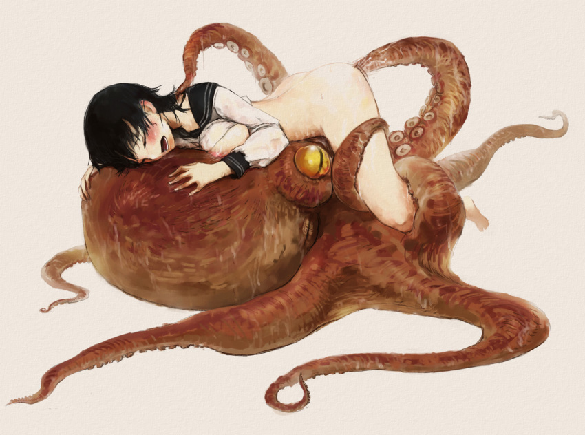 animal ass barefoot black_hair blush bottomless breasts breasts_out closed_eyes consensual_tentacles cowgirl_position drooling grey_background leg_grab leg_hold lying nabenko nipples octopus on_stomach open_mouth original oversized_animal penetration saliva school_uniform serafuku short_hair simple_background spread_legs sweat tear tentacle torn_clothes zoophilia