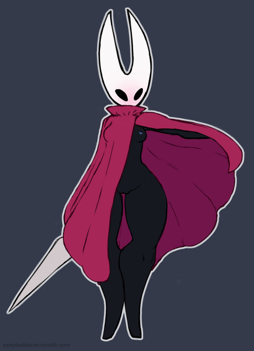 black_eyes black_skin blush breasts cloak clothed clothing dark-skinned_female dark_skin female flashing hollow_knight hornet_(hollow_knight) melee_weapon nipples partially_clothed purplealacran pussy solo thick_thighs weapon