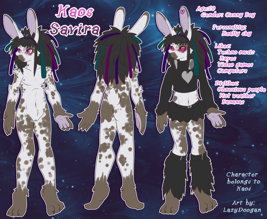 anthro cuntboy eyewear fur furry glasses heart intersex kaos_savira lagomorph lazydoogan model_sheet rabbit skirt spots