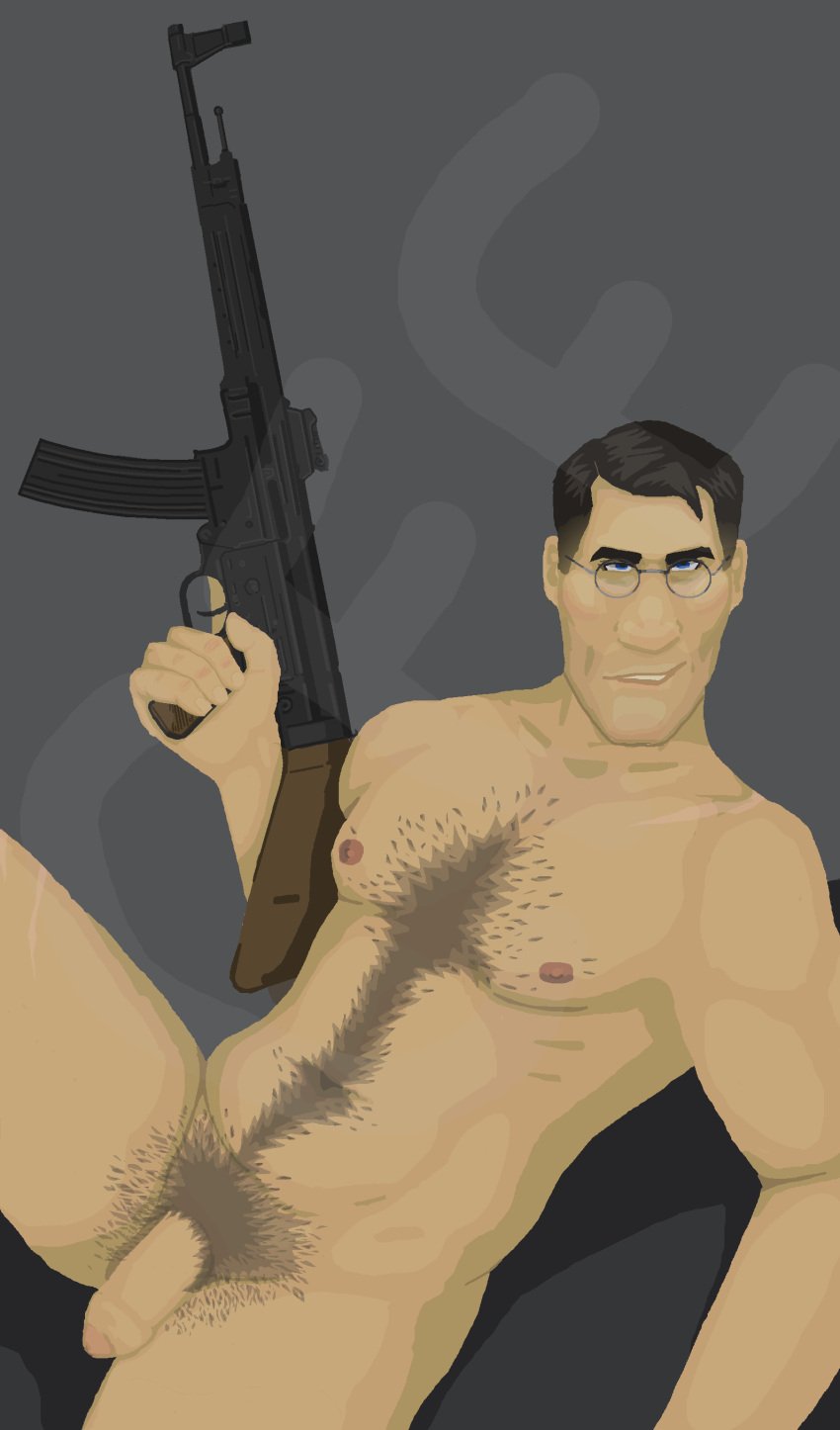 1boy bara barazoku belly_button belly_overhang big_nose blue_eyes body_hair brown_hair brunet cel_shading crazy_eyes dad_bod dadbod daddy dark_hair fat_man fully_nude fupa german glasses glasses_only gun hairy hairy_chest hairy_male holding_weapon human legs_apart love_handles lying_on_back male male_focus male_only masculine masculine_male mature_male medic_(team_fortress_2) moobs muscular_arms muscular_chest navel navel_hair nipples no_background normal_penis nude_male old_man older_male pecs penis pinup pubes pubic_hair pubic_mound realistic_anatomy realistic_penis_size realistic_proportions scarred scarred_body short_hair slightly_chubby_male slightly_muscular smiling_at_viewer smirking_at_viewer soft_belly tall_male team_fortress_2 thick_penis thighs threatening_aura toned toned_male trigger_discipline tummy uncircumcised weapon weapon_in_hand