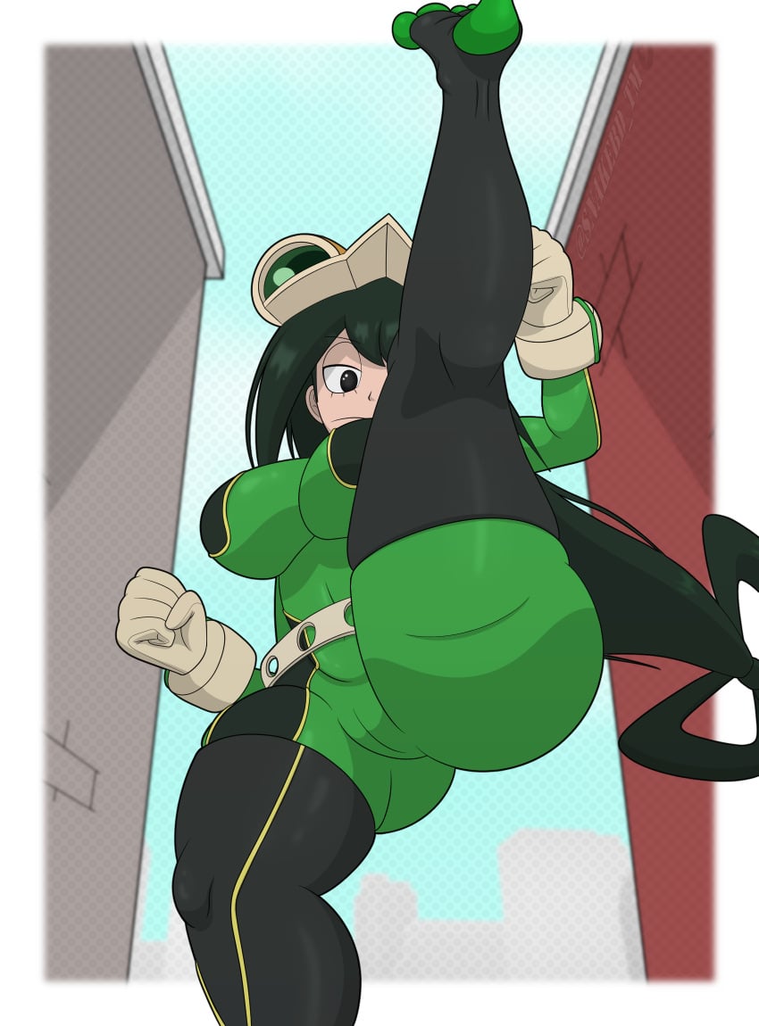 alley angle_view angry_face big_ass big_breasts black_eyes bodysuit boku_no_hero_academia breasts cameltoe froppy green_bodysuit green_hair hero_outfit_(mha) imminent_death kick long_hair looking_at_viewer looking_down my_hero_academia pov snakebd thick_thighs tight_bodysuit tight_clothing tsuyu_asui voluptuous wide_hips