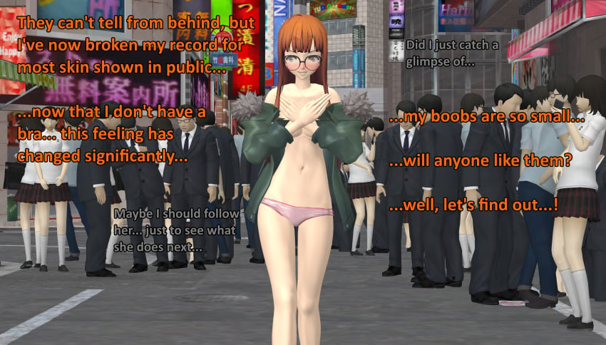 1girls atlus being_watched casual clothing covering_breasts exhibitionism female group human indecent_exposure multiple_males no_bra ofugh outerwear pale_skin panties persona persona_5 public public_exposure public_indecency public_nudity sakura_futaba underwear xnalara