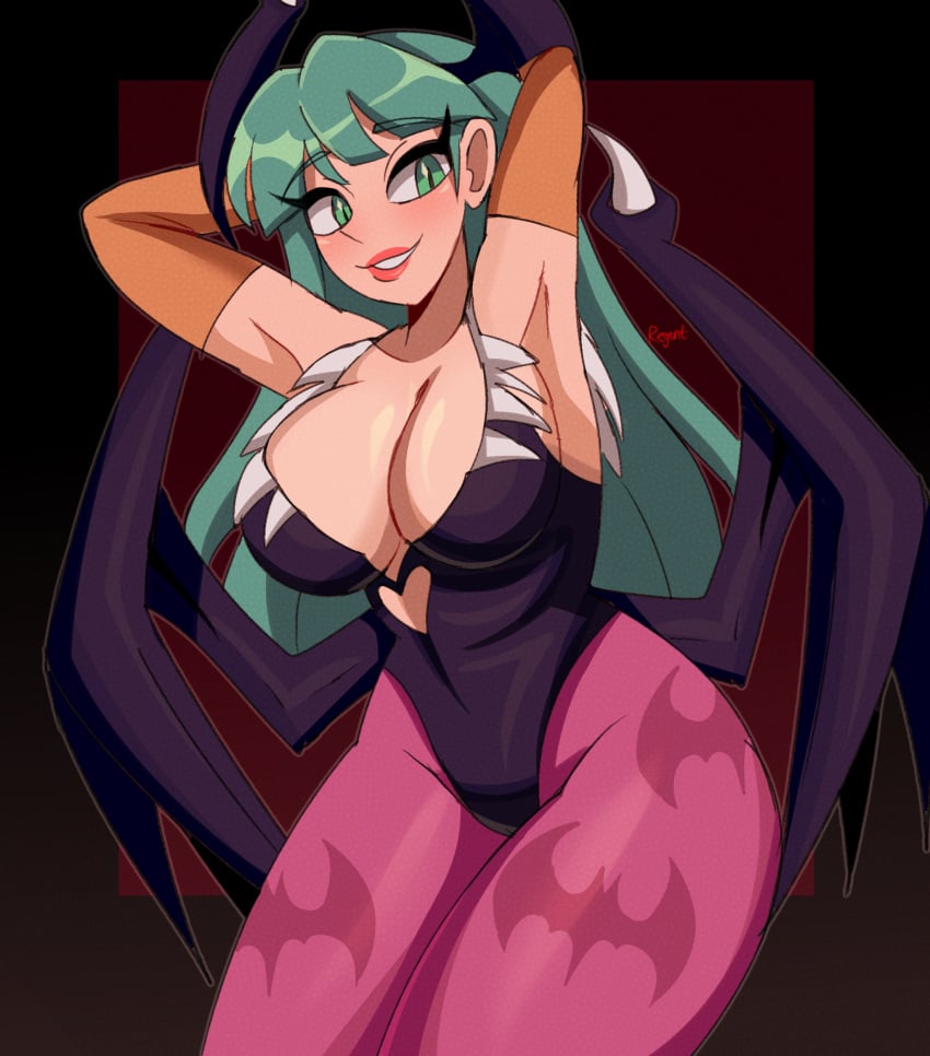 arms_behind_head bridal_gauntlets capcom cleavage darkstalkers female green_eyes green_hair large_breasts leotard long_hair looking_at_viewer mature_female milf morrigan_aensland pantyhose revealing_clotehs smile succubus tagme wings