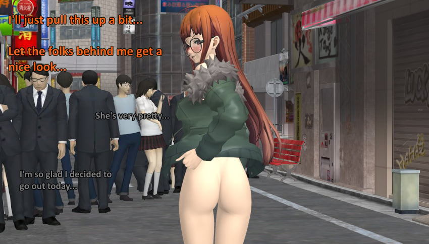 1girls ass atlus being_watched bottomless casual clothing exhibitionism female from_behind group human indecent_exposure jacket_lift jacket_only male multiple_males naked_jacket no_bra no_panties no_underwear ofugh outerwear pale_skin persona persona_5 public public_exposure public_indecency public_nudity sakura_futaba shameless xnalara