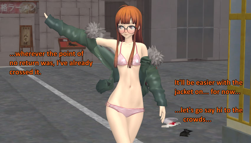 1girls atlus bra clothes_on_floor exhibitionism indecent_exposure ofugh panties persona persona_5 public sakura_futaba underwear xnalara