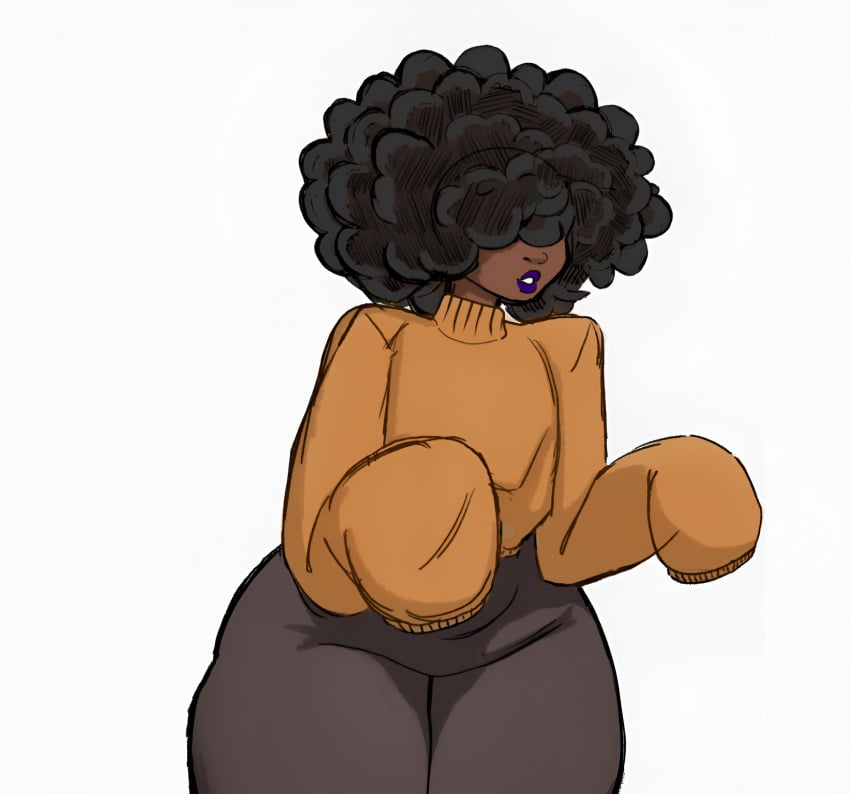 (personaje)megan afro black_body femboy hair_over_eyes lipstick long_sleeves neko47 sweater wide_hips