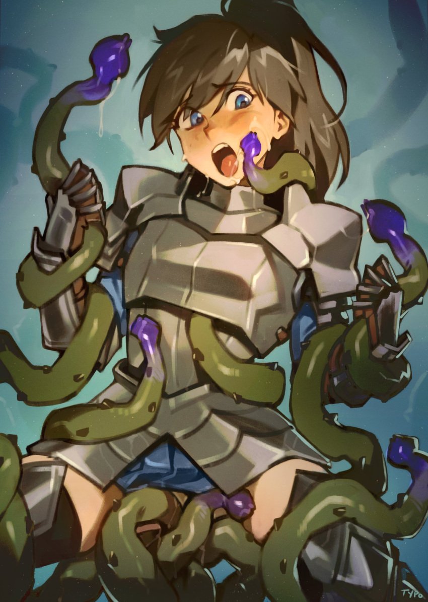 :o armor artist_name black_hair black_thighhighs blue_eyes blue_skirt borrowed_character breastplate commentary english_commentary faulds female gauntlets greaves highres long_hair oerba_yun_fang open_mouth optionaltypo original restrained skirt slime_(substance) solo spread_legs teeth tentacle thighhighs upper_teeth_only zettai_ryouiki