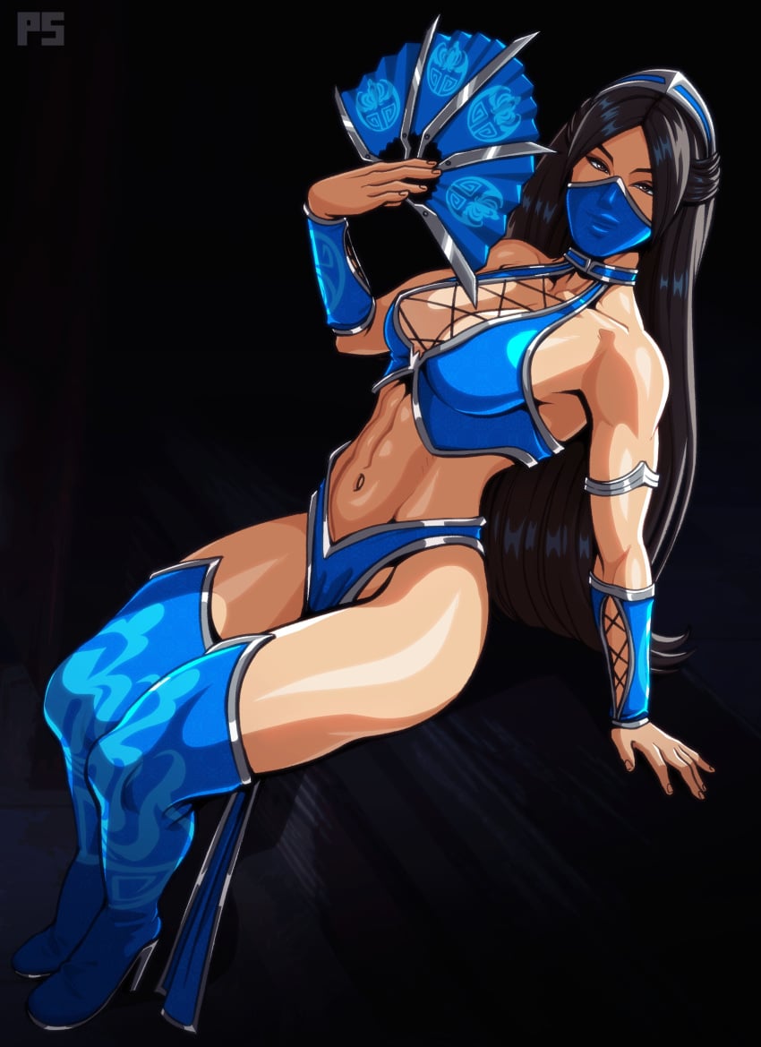 1girls absurd_res black_hair clothed clothing female female_only hand_fan kitana loincloth long_hair looking_at_viewer mortal_kombat mouth_mask pumpkinsinclair sitting solo