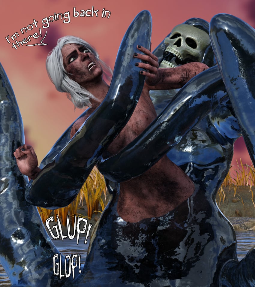 3d angry_face breasts captured captured_heroine cd_projekt_red ciri completely_nude dirty_body english_text female green_eyes imminent_death light-skinned_female mascara monster nipples nude scar soleswallower swamp swamp_monster text the_witcher_(series) the_witcher_3:_wild_hunt white_hair