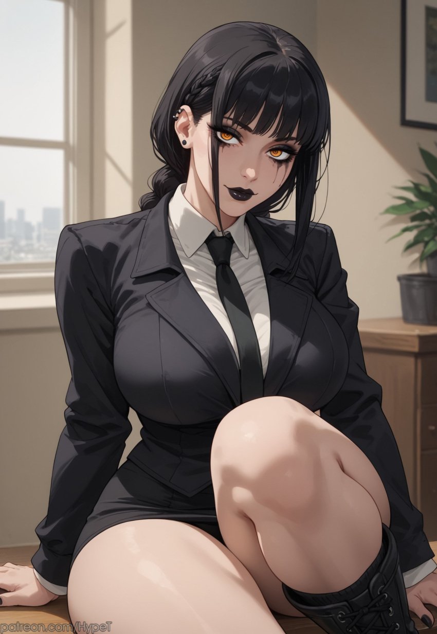 ai_generated alternate_version_at_source anime big_breasts black_hair black_lipstick black_makeup black_outfit boots breasts chainsaw_man female goth goth_girl hypet looking_at_viewer makima_(chainsaw_man) office sitting tagme thick thick_thighs thigh_highs thighs