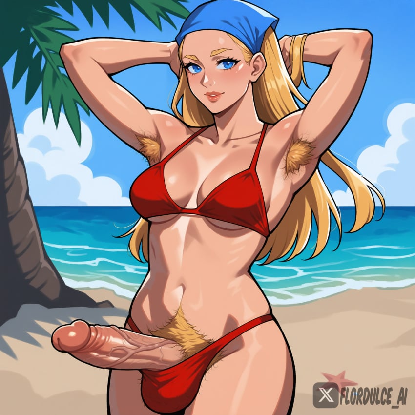 1futa ai_generated armpit_hair armpits ball_hair bandana beach bikini blonde_hair blue_eyes cartoon_network erect_penis erection flordulce futa_only futanari hairy_armpits hairy_balls hairy_testicles hands_behind_head lindsay_(tdi) long_hair outdoors penis pubic_hair seductive seductive_look seductive_smile solo_futa standing testicles total_drama_island