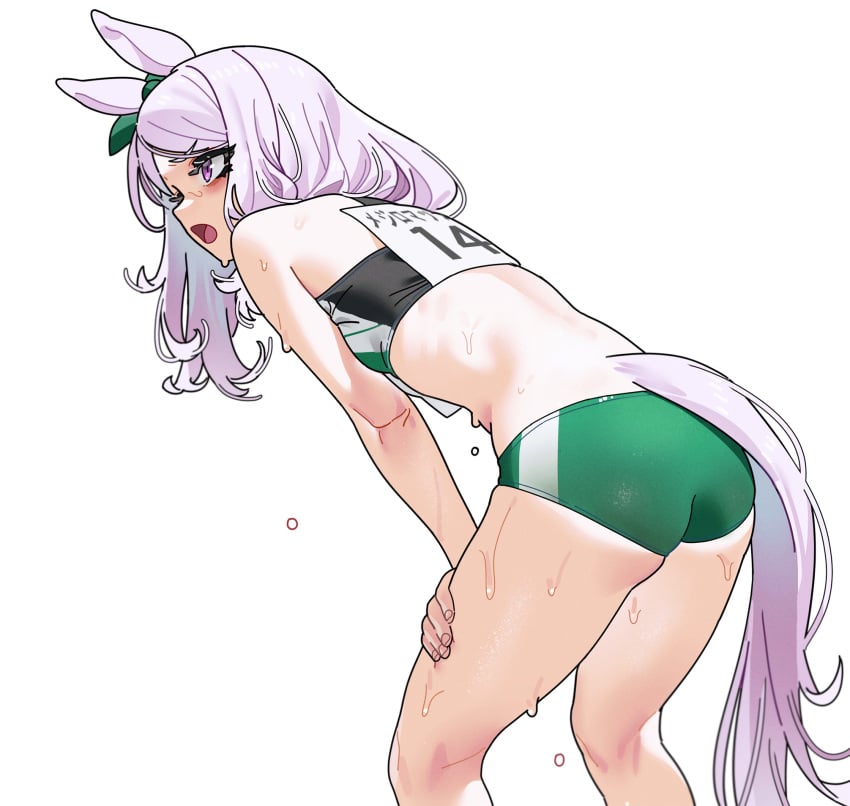 bent_over breasts buruma crop_top female female_only heavy_breathing horse_ears horse_girl horse_tail kemonomimi lavender_hair light_purple_hair long_hair mejiro_mcqueen_(umamusume) purple_hair sarcophage short_shorts shorts small_breasts solo sports_bra sportswear sweat track_and_field track_uniform umamusume umamusume_pretty_derby