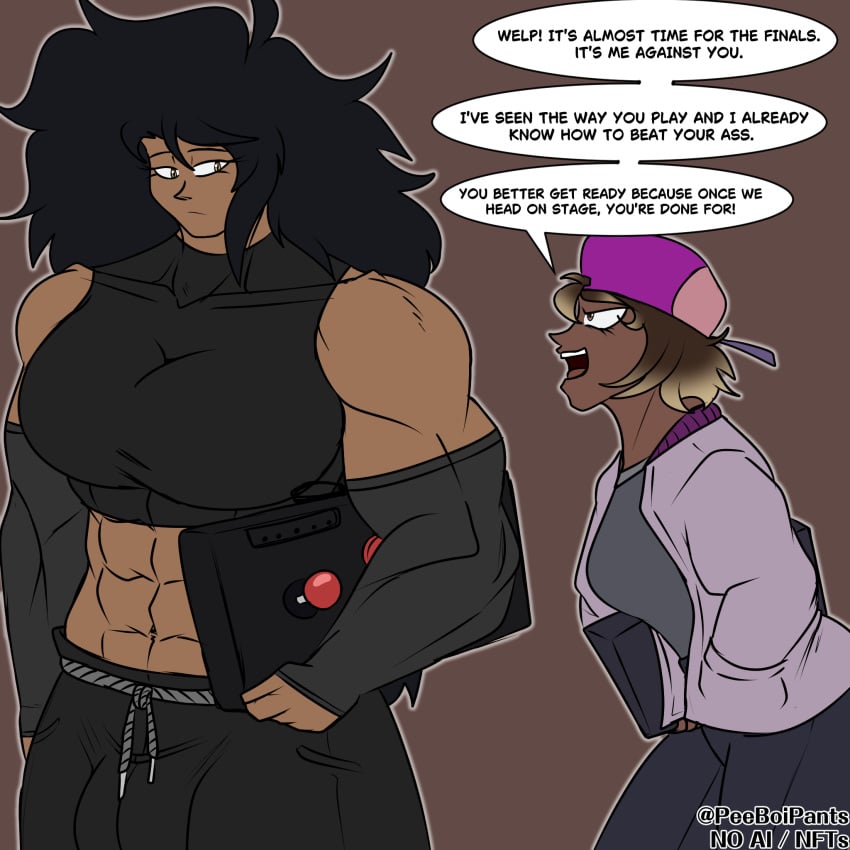 1girl1futa 1girls arcade_stick bulge comic dark-skinned_futanari digital_art dominant_futanari futanari intersex monica_clark muscular muscular_futanari oc original original_character original_characters snapback text thespicyname