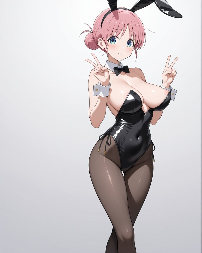 1girls ai_generated areola_slip bare_arms bare_shoulders blue_eyes blush bocchi_the_rock! breasts bunny_ears bunnysuit covered_navel crossed_legs detached_collar detached_cuffs double_v fake_animal_ears female gotou_michiyo hair_bun large_breasts looking_at_viewer milf notreallyhere pantyhose peace_sign pink_hair playboy_bunny short_hair side-tie_leotard simple_background smile solo standing thigh_gap thighs