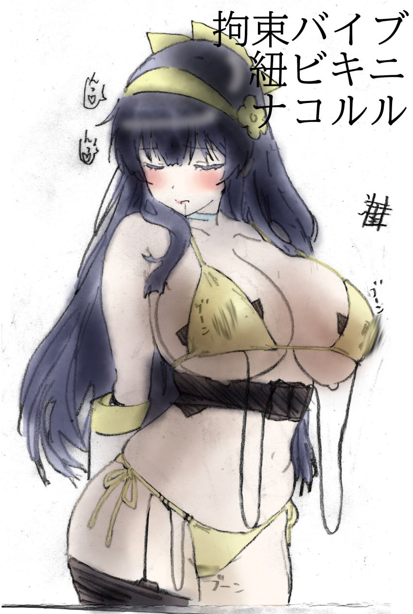 1girls arms_behind_back artist_name big_breasts bikini blue_hair blush bondage bondage bound breasts busty cleavage closed_eyes female female_only gloves hair_ribbon heart highres japanese_text king_of_fighters large_breasts moaning nakoruru nipple_stimulation pink_lips ribbon samurai_shodown sex_toy side-tie_bikini_bottom sideboob smile snk solo spoken_heart swimsuit tied_up traditional_media translation_request vibrator vibrator_on_nipple vibrator_under_clothes voluptuous yellow_bikini