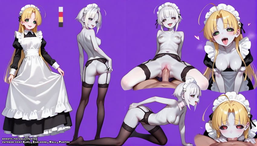 1girls ahoge ai_generated asia_argento blonde_hair blowjob breasts female green_eyes hell-pantsu high_school_dxd long_hair maid maid_uniform nipples penis penis_in_pussy pussy small_breasts solo tongue tongue_out vagina vaginal_penetration white_body white_skin