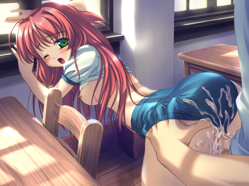 angel_wish censored chitose_mizuki cum game_cg green_eyes long_hair open_clothes open_shirt red_hair sex shirt