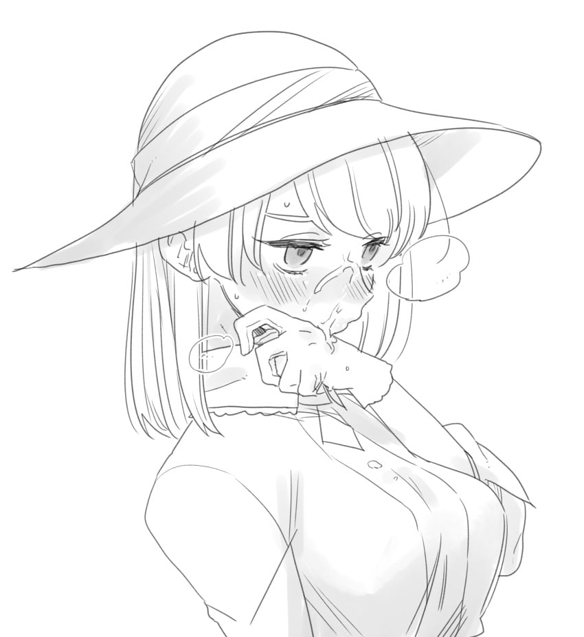 after_fellatio after_oral blush canon_genderswap cum cum_in_mouth cum_on_face facial female female_only fully_clothed genderswap_(mtf) gloves hat medium_hair mokoda monochrome rule_63 shimogamo_yasaburo solo sun_hat sweat uchouten_kazoku