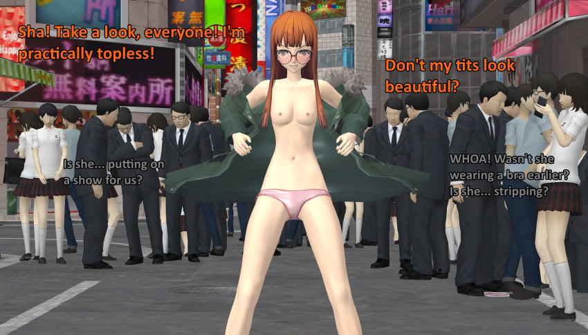 1girls atlus being_watched breasts exhibitionism flashing flashing_breasts indecent_exposure multiple_males nipples no_bra ofugh panties persona persona_5 public public_exposure public_indecency public_nudity sakura_futaba underwear xnalara