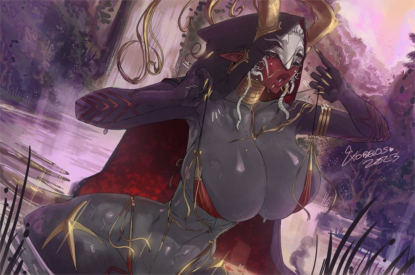 1girls 4_eyes big bikini breasts exobelos grey horns huge nature robe skin