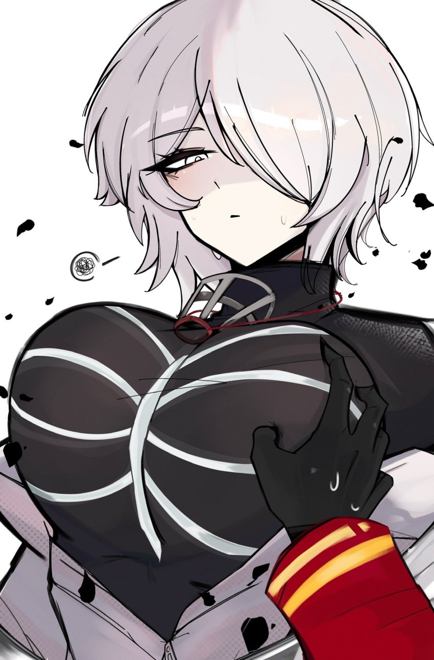 angry boob_squish breast_grab breasts dante_(limbus_company) faust_(limbus_company) female_focus gloves limbus_company m_ayonessa one_eye_covered project_moon white_hair