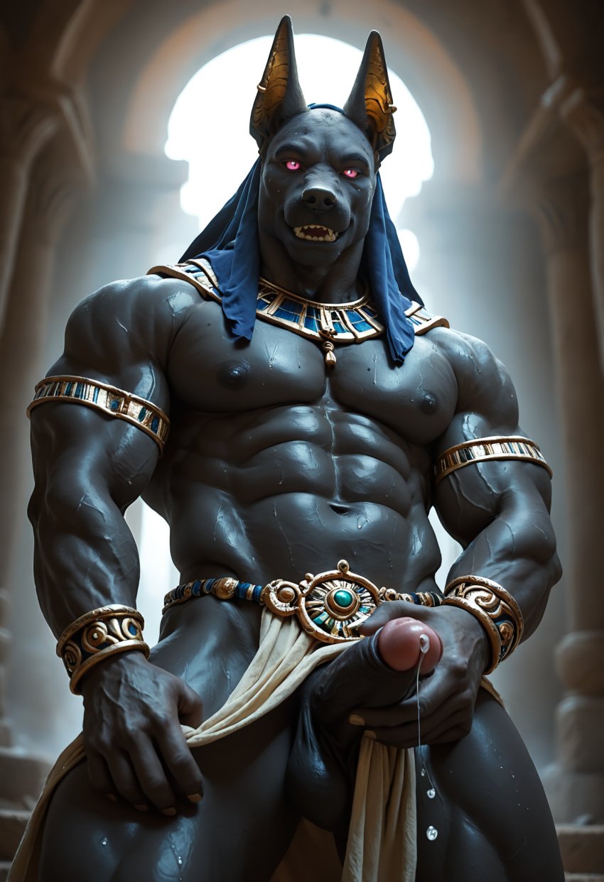 ai_generated anthro anubis beckoning bedroom_eyes biceps black_body black_penis bodily_fluids bottomwear bracelet canid canine canis clothing deity egyptian_clothing egyptian_mythology flashing furniture furry genital_fluids genitals gesture grab_penis hi_res humanoid_genitalia humanoid_penis jackal jewelry loincloth looking_at_viewer low-angle_view male mammal muscular muscular_anthro narrowed_eyes nipples penis pink_eyes precum seductive solo teasing vlrgromns