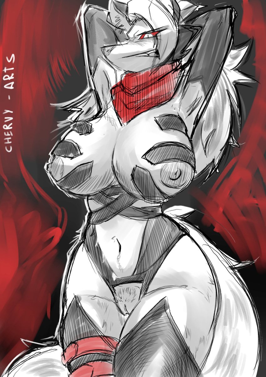 2025 abstract_background absurd_res anthro areola artist_name big_areola big_breasts breasts canid canid_demon canine chervyarts clothing curvy_anthro curvy_female curvy_figure demon digital_drawing_(artwork) digital_media_(artwork) female fluffy fluffy_tail fur genitals grey_hair hair hands_behind_head hellhound helluva_boss hi_res huge_breasts legwear long_hair long_tail loona_(helluva_boss) malice_loona_(mangakitsune2) mammal marvel marvel_rivals mostly_nude multicolored_body multicolored_fur mythological_canine mythological_creature mythology navel nipples plump_labia pussy red_sclera scarf snout solo tail text thick_thighs thigh_highs two_tone_body two_tone_fur voluptuous voluptuous_anthro voluptuous_female watermark white_body white_eyes white_fur wide_hipped_anthro wide_hipped_female wide_hips