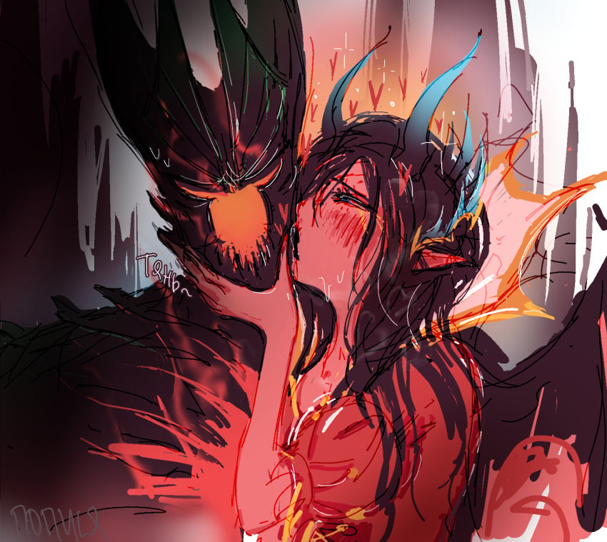 1boy 1girls 2025 2d angry aroused black_hair blush breath color demon demon_girl demon_horns demon_wings dota_2 dress embarrassed hand_on_another's_face heart heavy_breathing horns kissing kissing_cheek long_hair looking_at_another loving_aura loving_gaze messy_hair pointy_ears popisya queen_of_pain red_dress red_skin russian_text self_upload sketch steam straight sweat terrorblade wings