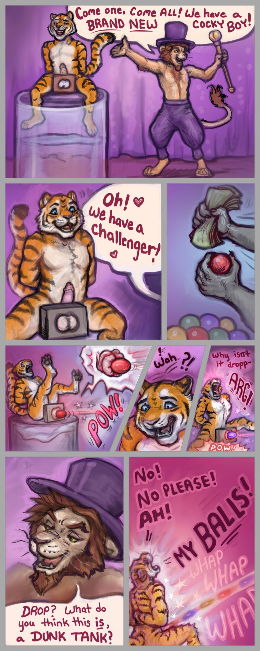 absurd_res anthro ballbusting balls biped clothed clothing cock_and_ball_torture comic countershade_fur countershade_tail countershade_torso countershading dialogue duo english_text erection felid fingers fur genital_torture genitals hat headgear headwear hi_res lenexwants lion male mammal mange_(lenexwants) money multiple_scenes open_mouth open_smile orange_body orange_fur pantherine penis smile solo speech_bubble striped_body striped_fur stripes tail tail_tuft text tiger top_hat topless topless_anthro topless_male tuft