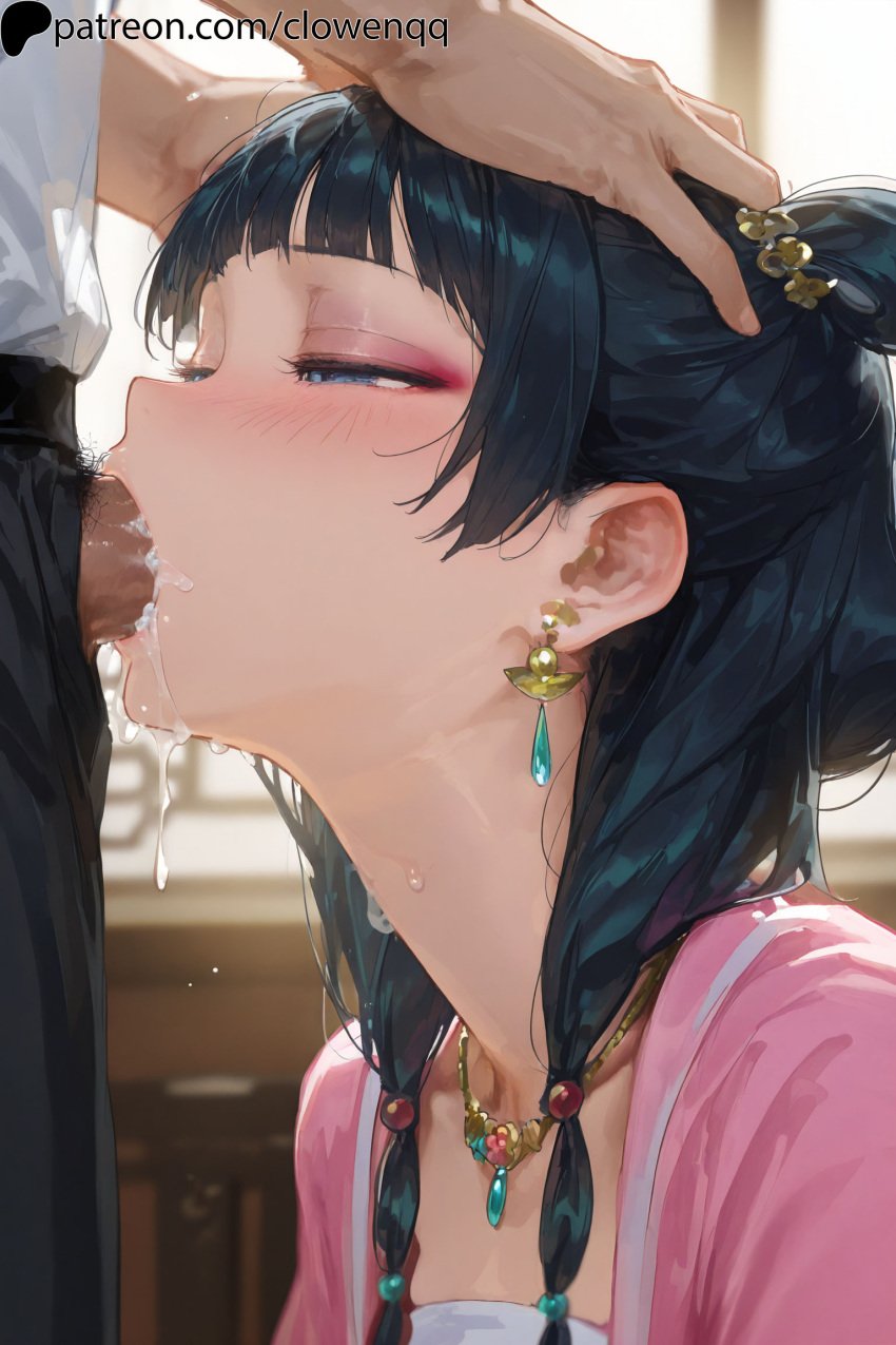 1boy 1boy1girl 1girls ai_generated blowjob blue_eyes blush clowenqq cum cum_in_mouth earrings fellatio female female_focus green_hair half-closed_eyes hand_on_head hi_res jewelry kusuriya_no_hitorigoto makeup male male/female maomao_(kusuriya_no_hitorigoto) necklace oral oral_penetration oral_sex penis penis_in_mouth sucking sucking_penis uncensored