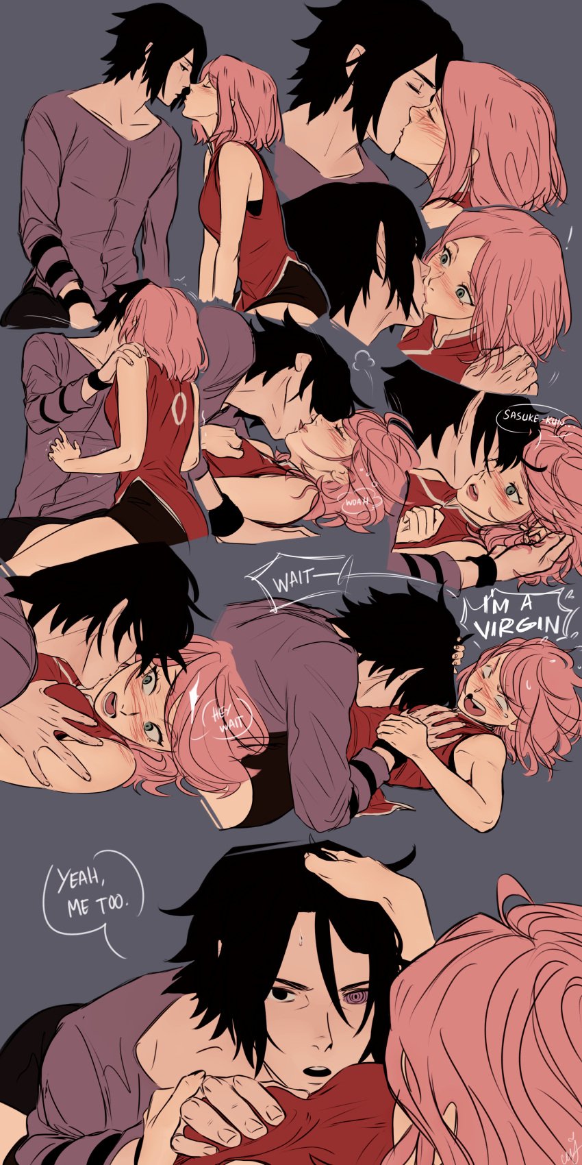 1boy 1boy1girl 1girls artist_signature black_eyes black_hair blush blushing_profusely boruto:_naruto_next_generations breast_grab breasts canon_couple ceejss closed_eyes color comic curly_hair dialogue english_text first_time flustered full-face_blush fully_clothed green_eyes grey_background groping groping_breasts groping_through_clothes half-closed_eyes hand_in_another&#039;s_hair hand_on_another&#039;s_arm hand_on_another&#039;s_head hand_on_another&#039;s_shoulder highres holding_hands humor husband_and_wife imminent_kiss imminent_sex licking licking_neck lipstick looking_at_partner looking_pleasured lying lying_on_back lying_on_stomach married_couple missing_arm naruto one_eye_obstructed pink_hair pink_lipstick rinnegan romantic romantic_couple sakura_haruno sasuke_uchiha shoulder_grab sitting small_breasts speech_bubble straight surprised sweatdrop thought_bubble virgin watermark wide_eyed wrist_grab