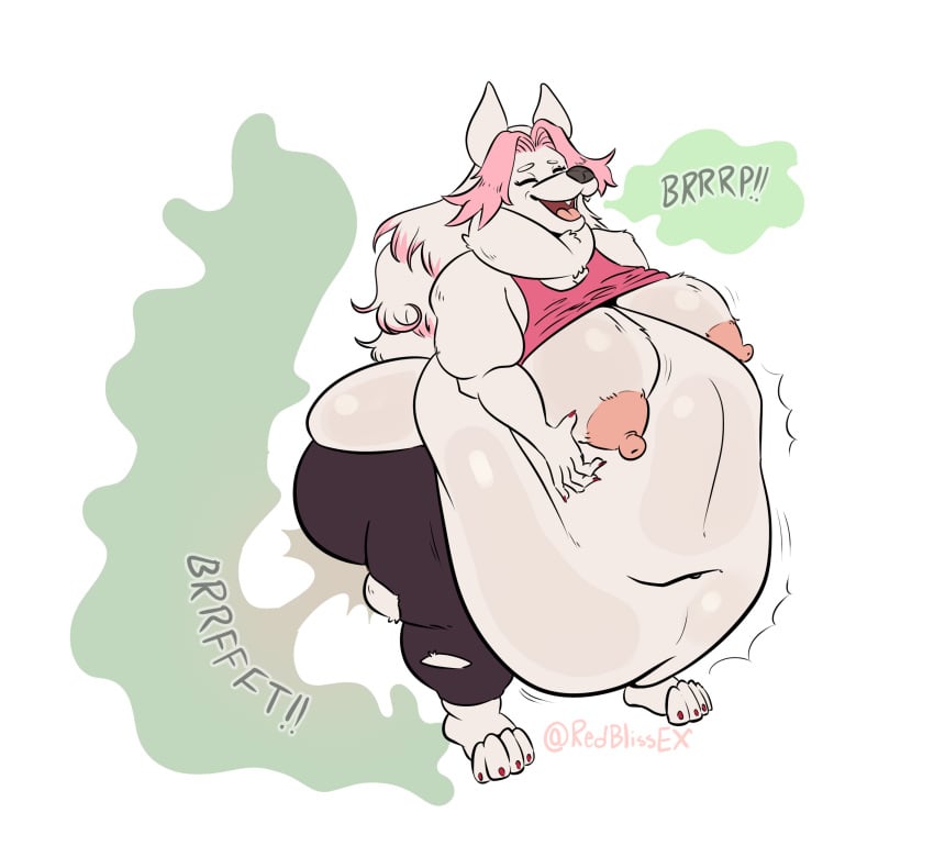 absurd_res anthro ass belly big_belly big_breasts big_butt big_nipples bottomwear breasts burp_cloud burping canid canine canis clothing crop_top digestion domestic_dog fart fart_cloud fart_fetish female fur hair hi_res highlights_(coloring) huge_belly huge_breasts huge_butt ineffective_clothing leggings legwear mammal nipples nordic_sled_dog obese obese_female overweight overweight_female pink_highlights redblissex samoyed shirt small_clothing solo spitz thick_thighs topwear torn_bottomwear torn_clothing torn_leggings torn_legwear vore white_body white_fur white_hair wide_hips