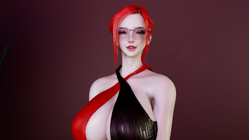 big_breasts breasts breasts crashbanditkut dress eyebrows eyelashes female female_focus freckles freckles_on_face glitter lipstick long_hair looking_at_viewer makeup one_piece_suit pink_eyes pink_lipstick red_hair seductive virt-a-mate virtamate wet