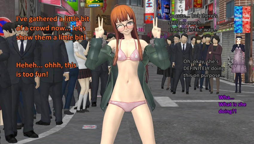 1girls atlus being_watched bra casual clothing exhibitionism female human indecent_exposure mifune_chihaya multiple_males ofugh only_one_naked outerwear pale_skin panties persona persona_5 public sakura_futaba shameless underwear xnalara