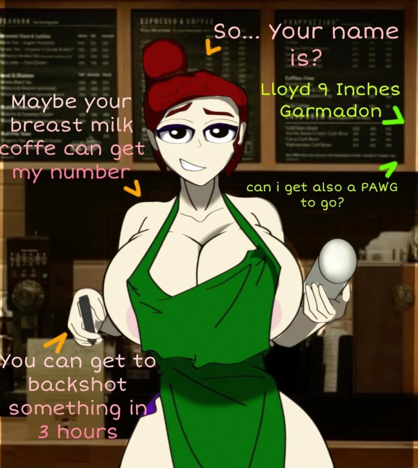 artist_unknown coffee coffee_shop lactation lego ninjago skylor_(ninjago) starbucks starbucks_barista starbucks_meme