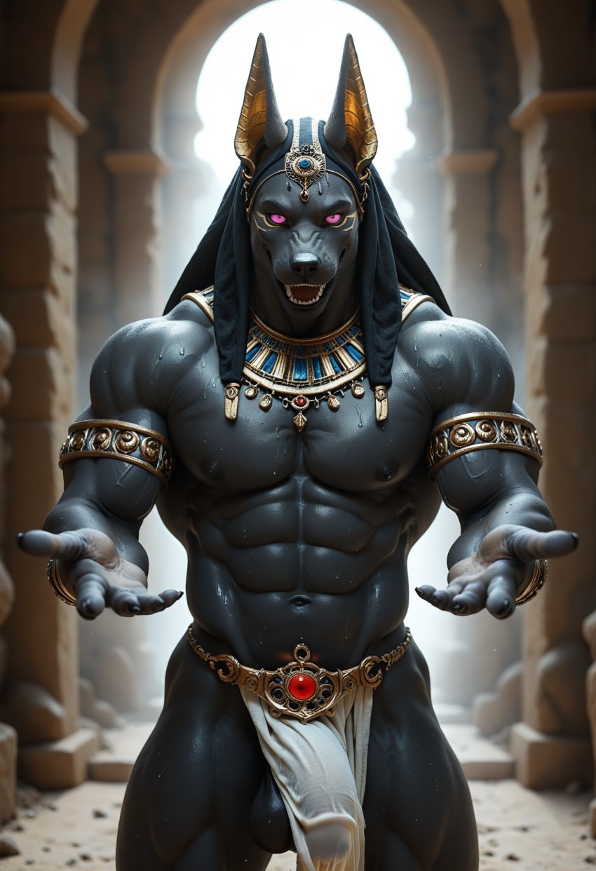 ai_generated anthro anubis beckoning biceps black_body black_penis bodily_fluids bottomwear bracelet canid canine canis clothing deity egyptian_clothing egyptian_mythology flashing furniture furry genital_fluids genitals gesture hi_res humanoid_genitalia humanoid_penis jackal jewelry loincloth looking_at_viewer male mammal muscular muscular_anthro nipples open_mouth open_smile penis pink_eyes reaching_towards_viewer smile solo spread_arms vlrgromns