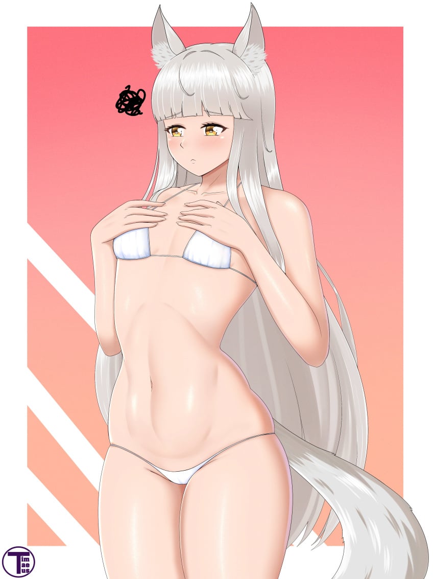 1girls animal_ears arknights artist_name bikini bikini_bottom bikini_top blush female female_focus female_only flat_chest grey_hair growth_sequence hands_on_own_chest horse_ears horse_girl horse_tail kemonomimi long_hair platinum_(arknights) simple_background slim_waist solo standing tail thick_thighs thighs thin_waist timaeus white_bikini yellow_eyes