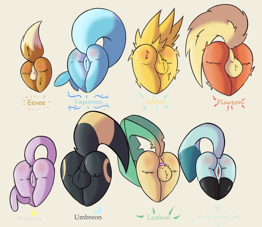 anthro anus ass balls black_body black_fur blue_body brown_body brown_fur eevee eeveelution english_text espeon female flareon fur generation_1_pokemon generation_2_pokemon generation_4_pokemon genitals glaceon group hi_res jolteon leafeon male nintendo pokemon pokemon_(species) purple_body purple_fur pussy red_body red_fur tail text umbreon vaporeon vulpeku yellow_body yellow_fur