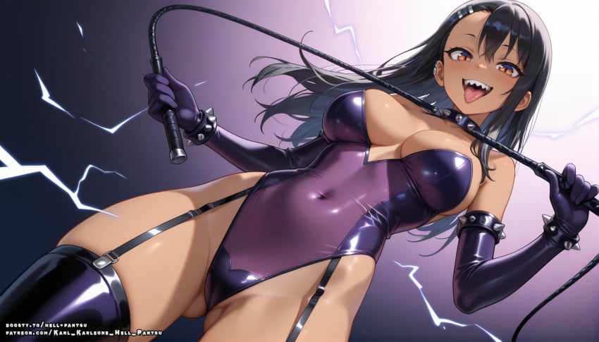 1girls ai_generated bdsm_gear bdsm_outfit big_breasts black_hair bondage breasts brown_eyes female hayase_nagatoro hell-pantsu long_hair please_don&#039;t_bully_me,_nagatoro sharp_teeth solo tongue tongue_out