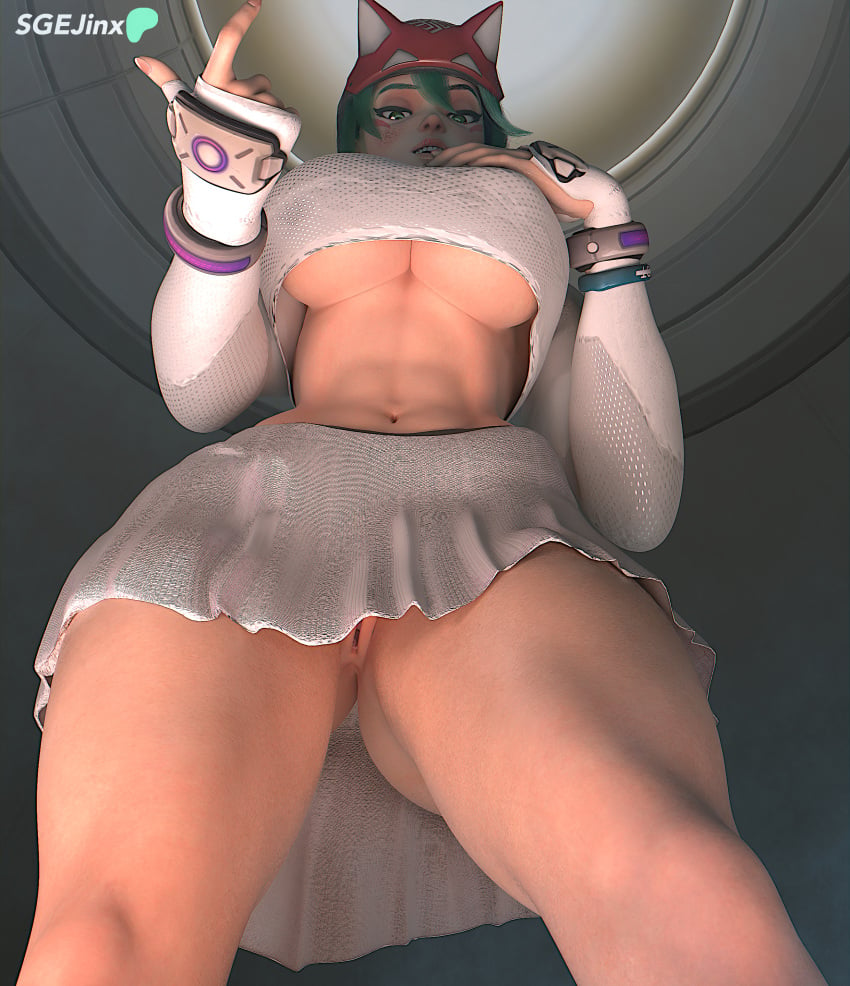 3d 3d_(artwork) abs anus_peek ass belly blender blender_(software) blender_cycles bracelets bracers close-up close_up come_here fox_hat from_below green_hair hair_ornament hand_on_breast hi_res highres huge_breasts inviting inviting_to_fuck karaoke kiriko_(overwatch) kiriko_kamori le_sserafim lighting looking_at_viewer looking_down navel overwatch overwatch_2 patreon_logo patreon_username pussy pussy_peek sgejinx_(artist) skirt skirt_lift stomach tagme thick_thighs twitter_username underboob upskirt