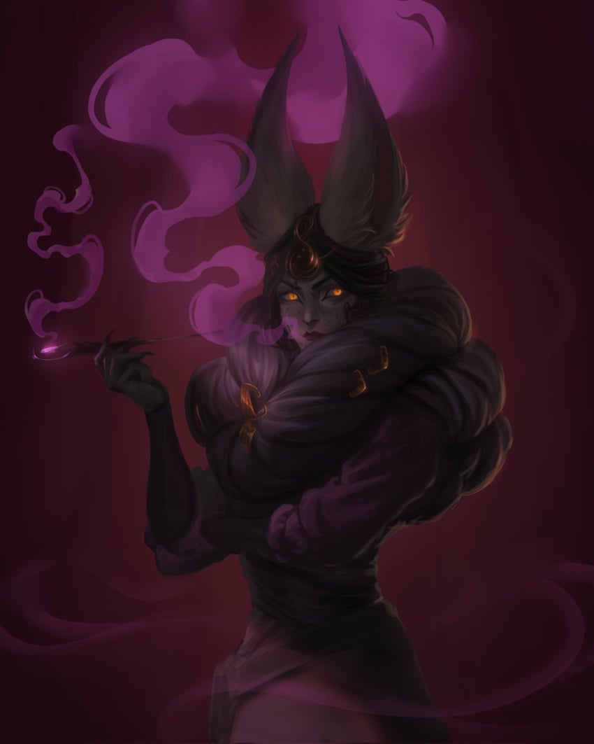 anthro arcane blacksalander clothed clothing digital_media_(artwork) dress female fur hair headgear headwear hi_res league_of_legends lest_(arcane) long_ears simple_background smoke smoking smoking_pipe solo trans_woman transfem vastaya yellow_eyes