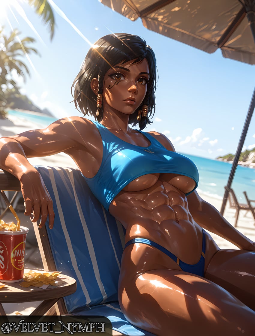 beach bikini_bottom highleg_panties muscular muscular_female oiled overwatch overwatch_2 pharah sfw velvet_nymph