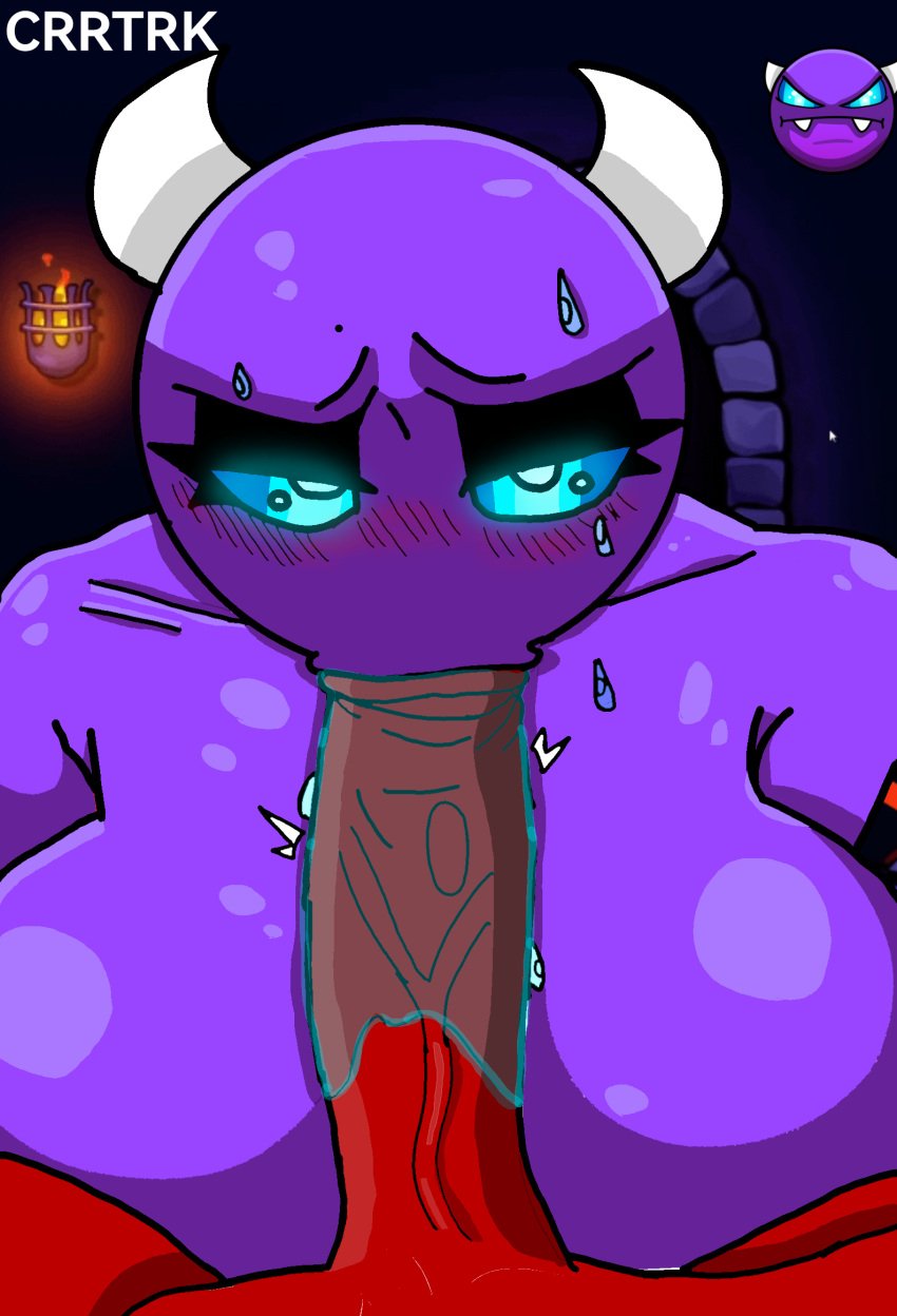 1boy 1girls big_breasts blowjob blush demon demon_girl demon_horns easy_demon extreme_demon fellatio geometry_dash glowing_eyes looking_at_viewer pov purple_body red_body saliva saliva_on_penis straight sucking traced traced_art