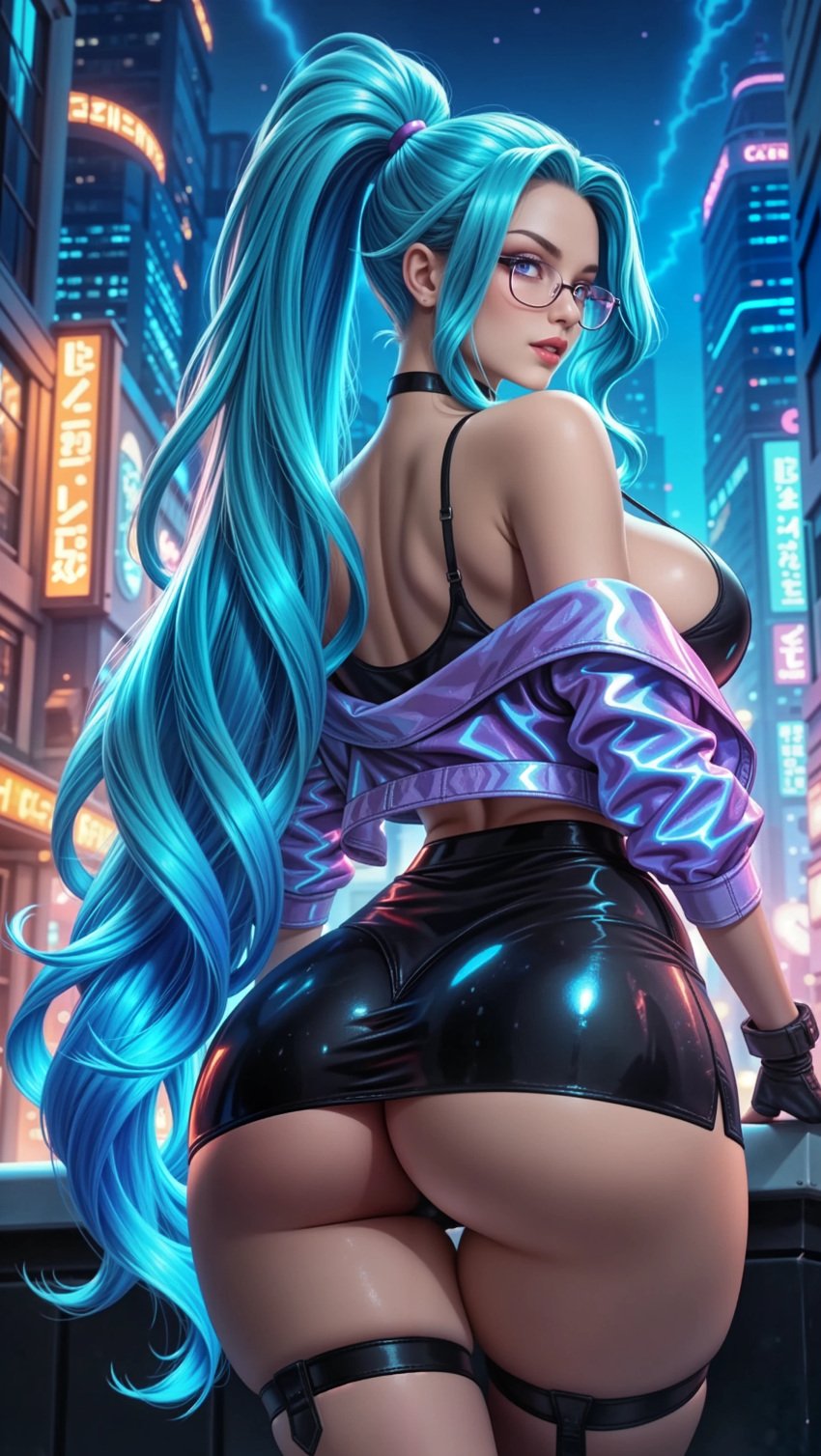 ai_generated ass ass big_ass big_breasts big_butt breasts building buildings city city_background cityscape from_behind glasses hourglass_figure huge_ass huge_breasts jacket k/da_all_out_series large_breasts league_of_legends long_hair long_sleeves looking_back miniskirt narrow_waist neon neon_lights night riot_games seductive seductive_pose seraphine_(league_of_legends) sexually_suggestive sideboob sky4maleja tank_top thick_ass thick_thighs toned toned_back toned_body very_long_hair