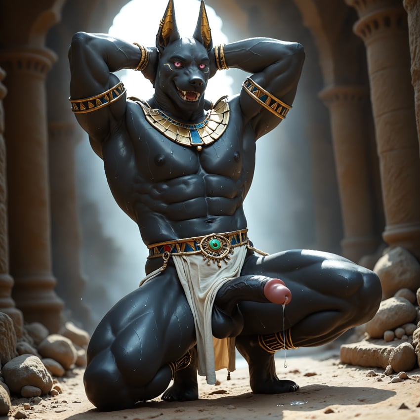 ai_generated anthro anubis beckoning biceps black_body black_penis bodily_fluids bottomwear bracelet canid canine canis clothing crouching deity egyptian_clothing egyptian_mythology erection flashing furniture furry genital_fluids genitals gesture hands_behind_head hi_res humanoid_genitalia humanoid_penis jackal jewelry loincloth looking_at_viewer male mammal muscular muscular_anthro nipples penis pink_eyes precum smile solo teasing tongue vlrgromns