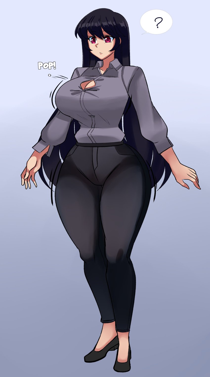 alphaerasure ass_expansion black_hair breast_expansion confused hourglass_expansion hourglass_figure huge_breasts klonia plump_thighs popping_buttons red_eyes thick_thighs thigh_expansion