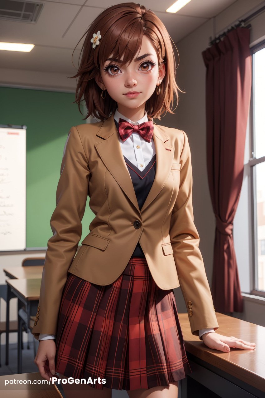 1girls ai_generated artist_name blazer bow bowtie brown_eyes brown_hair brown_jacket chalkboard classroom closed_mouth collared_shirt cowboy_shot curtains desk earrings flower hair_flower hair_ornament hi_res hoop_earrings indoors jacket jewelry lips long_sleeves looking_at_viewer medium_hair misaka_mikoto nose patreon_username plaid plaid_skirt pleated_skirt progenarts realistic red_bow red_bowtie red_skirt school_desk school_uniform shirt short_hair skirt solo standing to_aru_kagaku_no_railgun to_aru_majutsu_no_index tokiwadai_school_uniform watermark web_address white_flower white_shirt window winter_uniform