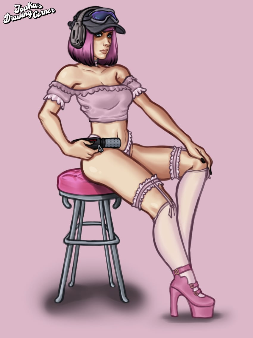 1girls 2d 2d_(artwork) digital_drawing_(artwork) digital_media_(artwork) ela_(rainbow_six) female female_focus female_only headwear joakadraws light-skinned_female light_skin lingerie pink_hair rainbow_six rainbow_six_siege sex_toy showing_off sitting stockings topwear valentine's_day vibrator watermark