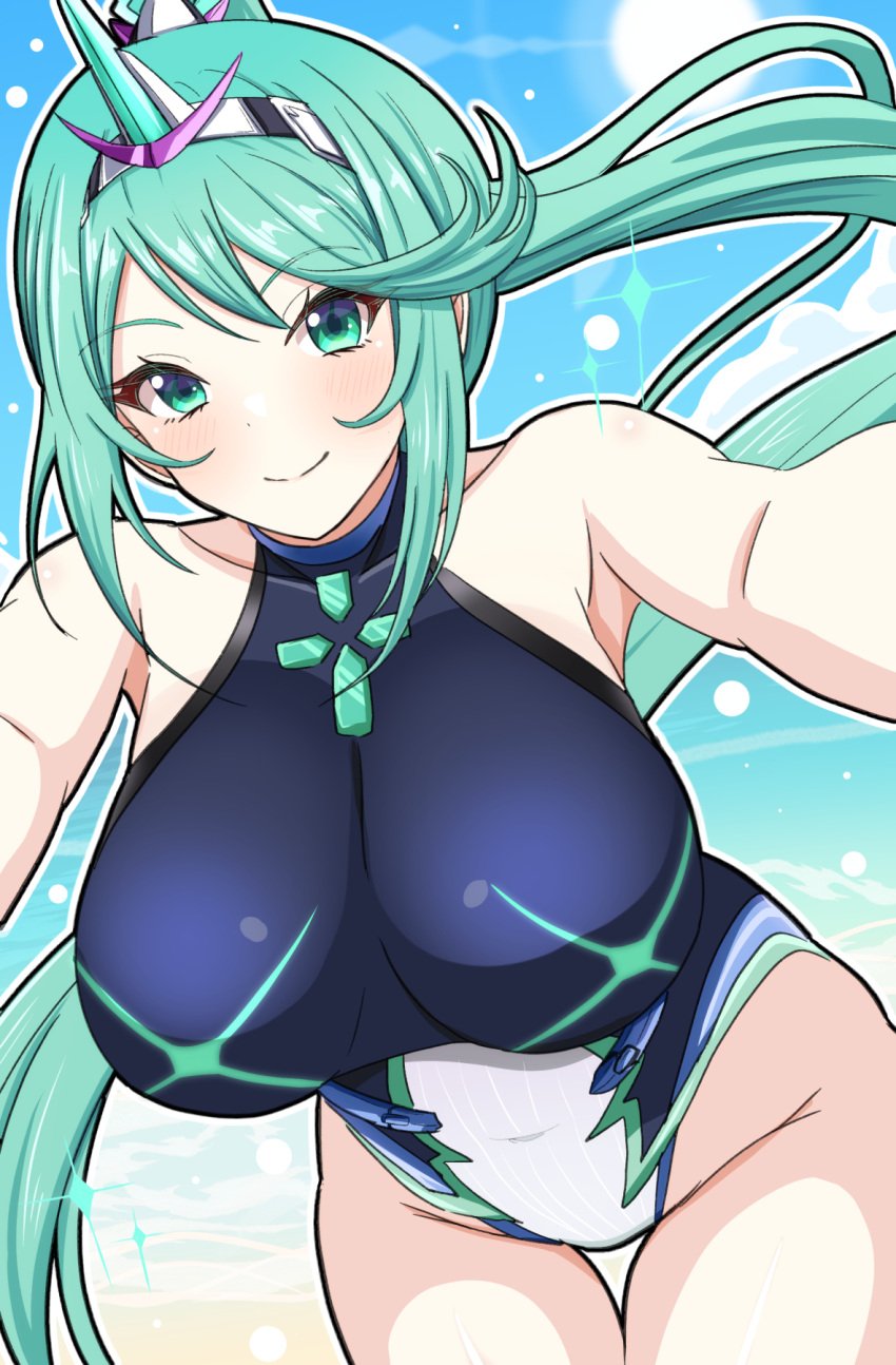 1girls big_breasts black_one-piece_bikini blue_background border commission cowboy_shot daiichi_(1279220) green_eyes green_hair high_ponytail high_res long_hair nintendo one-piece_bikini pneuma_(xenoblade) ponytail skeb_commission swimsuit very_long_hair watermark white_border white_one-piece_bikini xenoblade_(series) xenoblade_chronicles_2